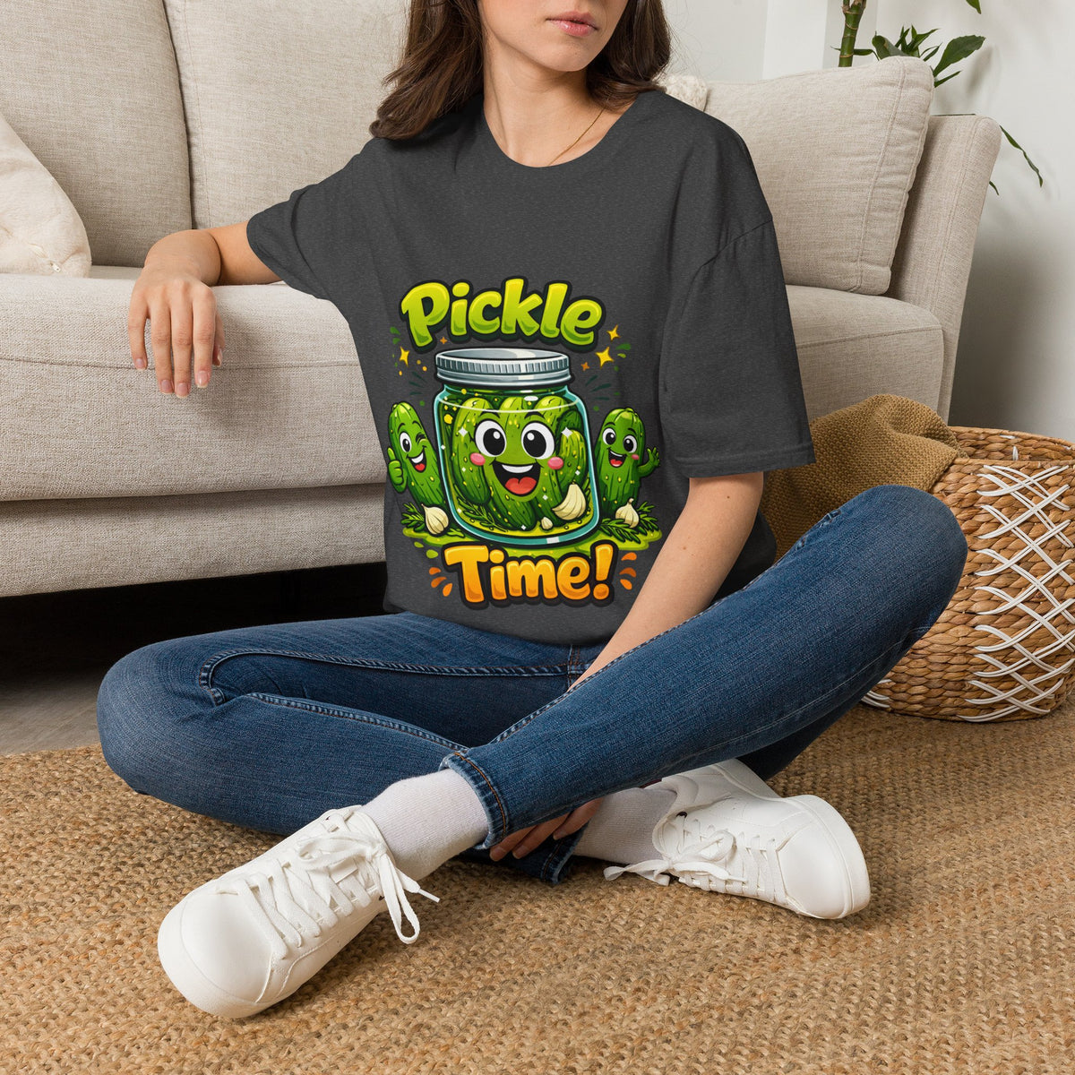 MD - Pickle Time T-Shirt — Cute Cartoon Pickle Jar Graphic Tee