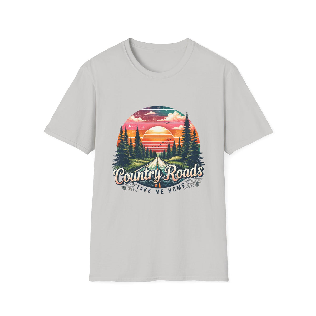 Country Roads Sunset T-Shirt — 'Country Roads Take Me Home' Retro Nature Tee