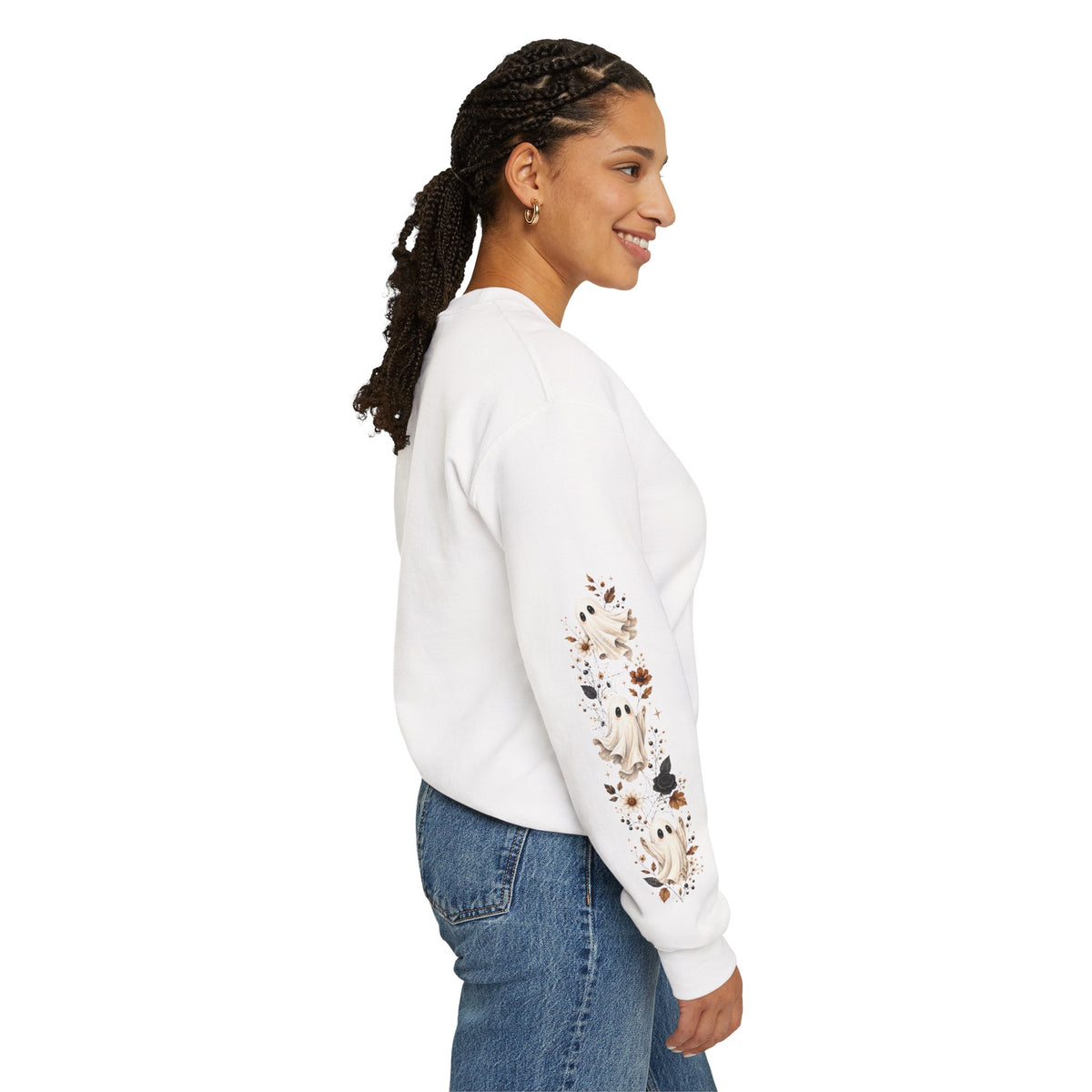 Ghost & Sunflower Crewneck Sweatshirt — Spooky Autumn Floral Pullover