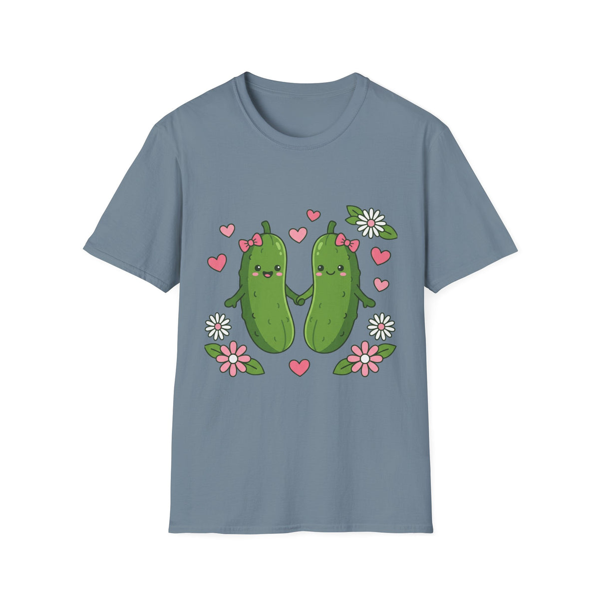 Cute Pickle Couple T-Shirt — Kawaii Matching Pickles with Hearts & Flowers