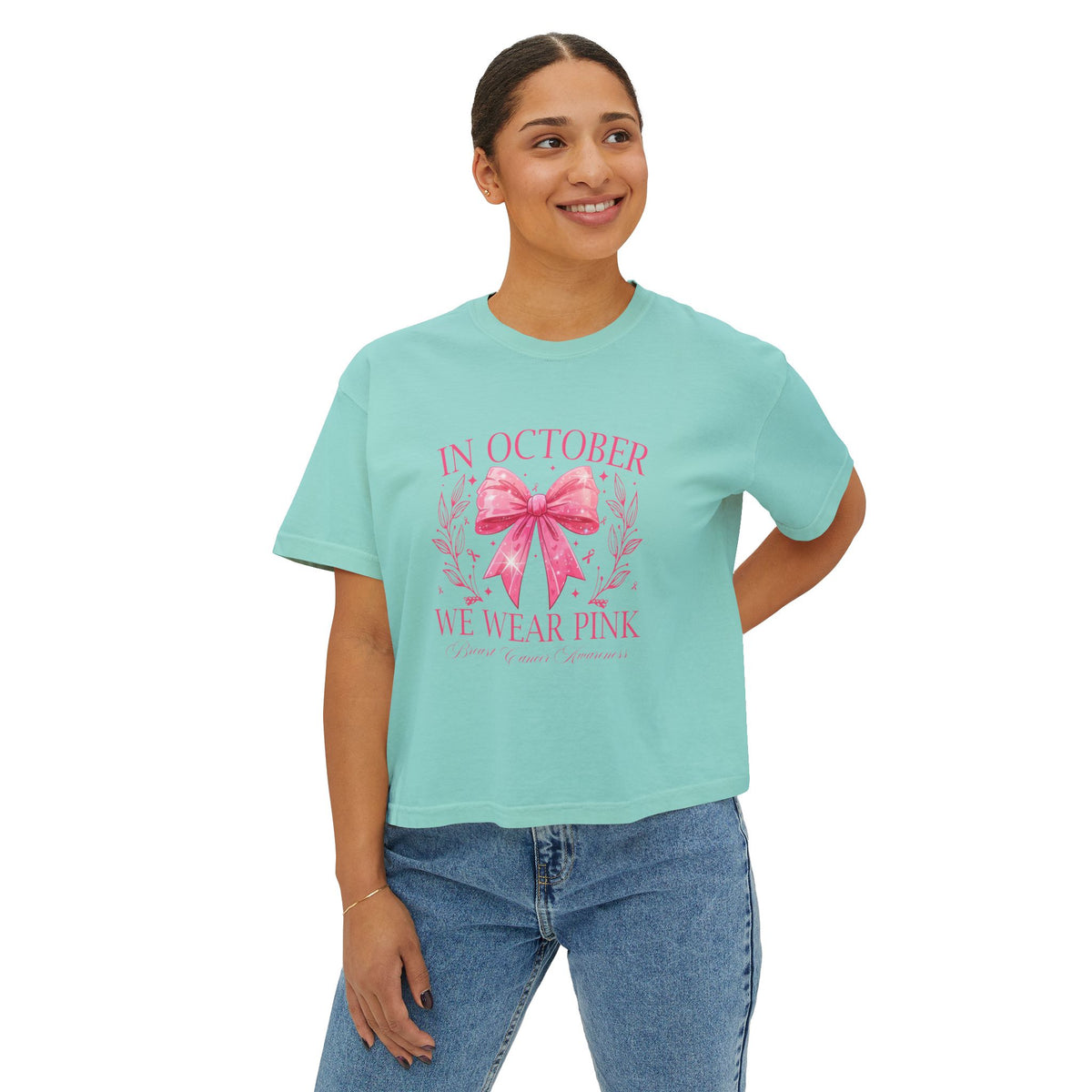 Breast Cancer Awareness Boxy Tee — "In October We Wear Pink" Pink Ribbon Shirt