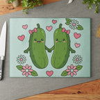 Cute Pickle Couple Glass Cutting Board – Kawaii Pickles with Hearts & Flowers