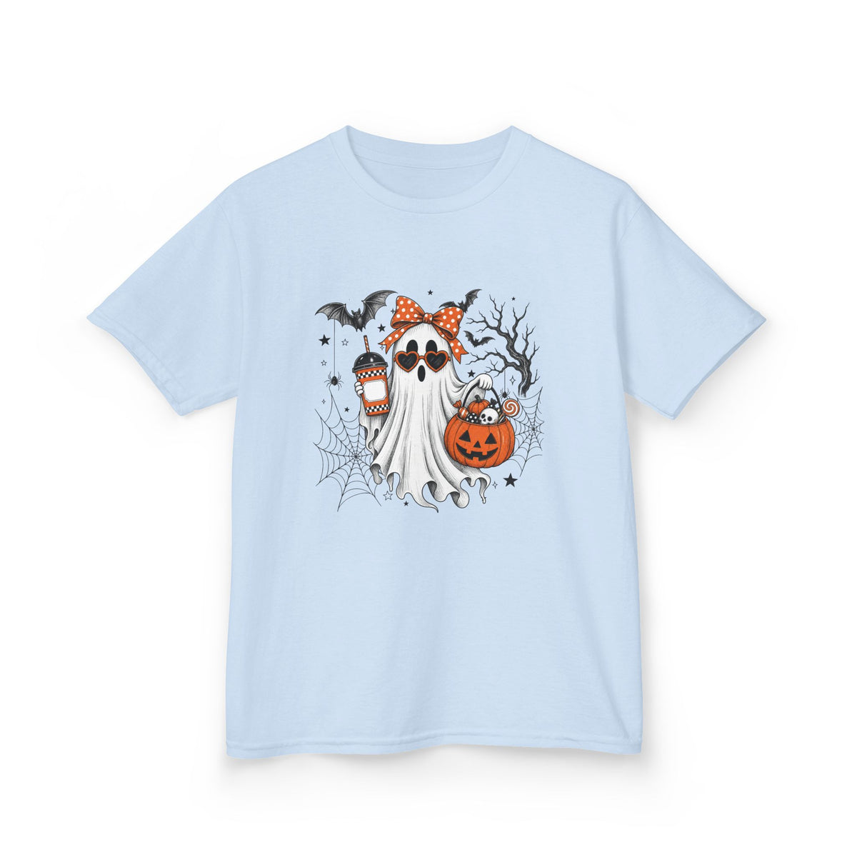 Kids Halloween Ghost Tee – Cute Pumpkin, Bat & Spiderweb Trick-or-Treat Design