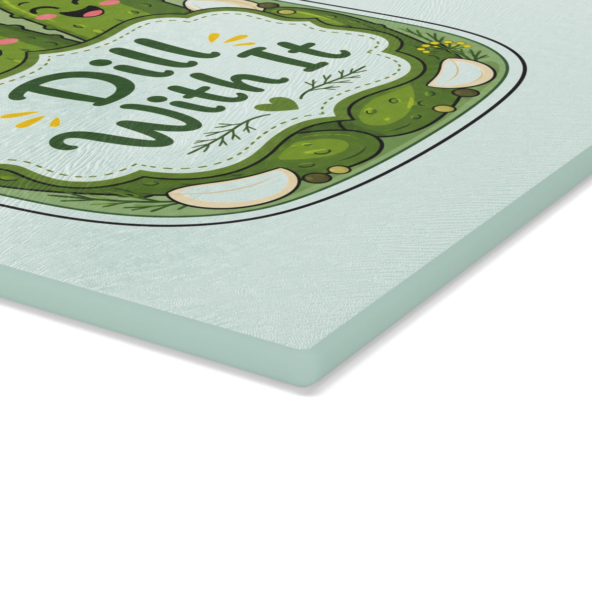 Glass Cutting Board — Cute Pickle Jar Design "Dill With It" (Kitchen Décor, Funny Gift)