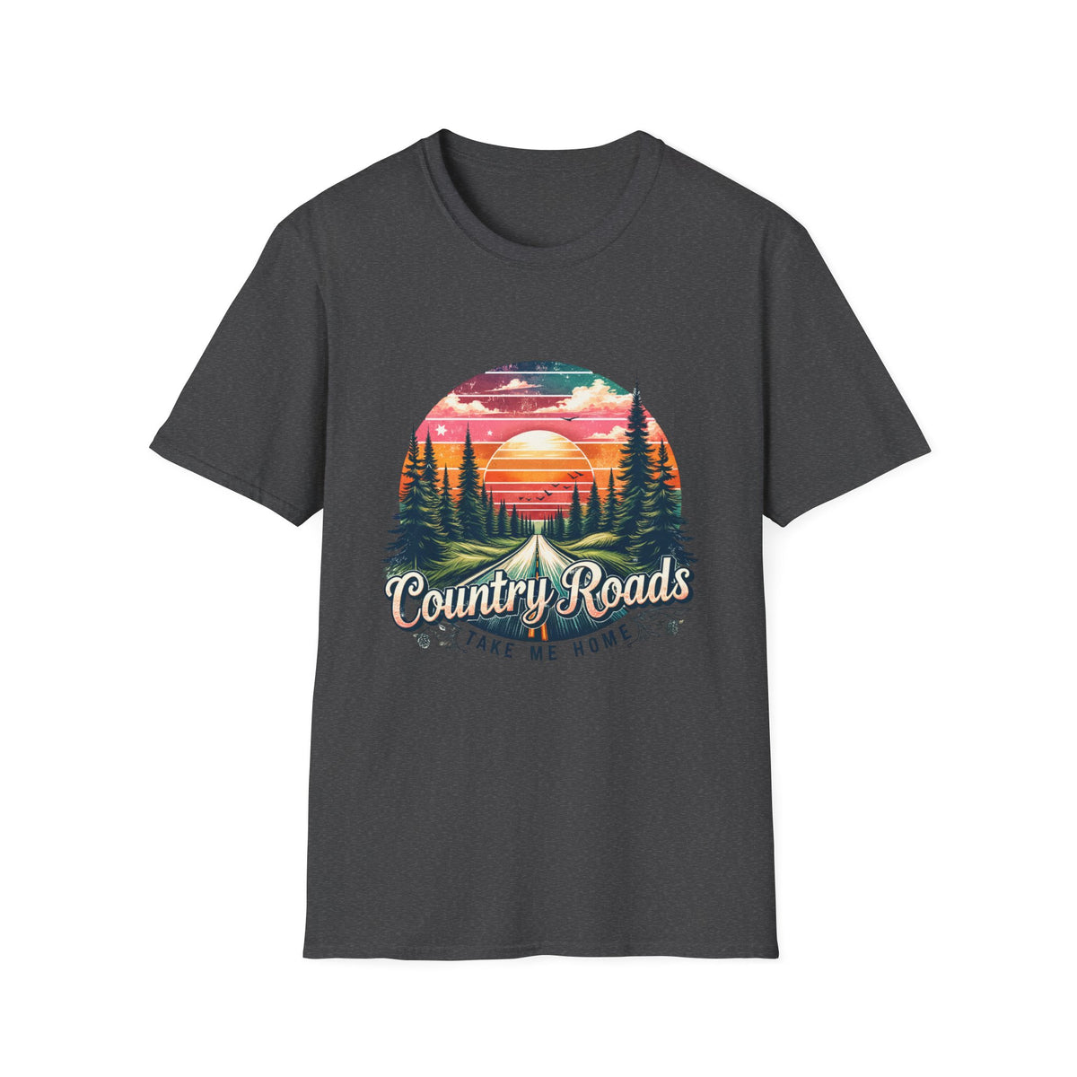 Country Roads Sunset T-Shirt — 'Country Roads Take Me Home' Retro Nature Tee