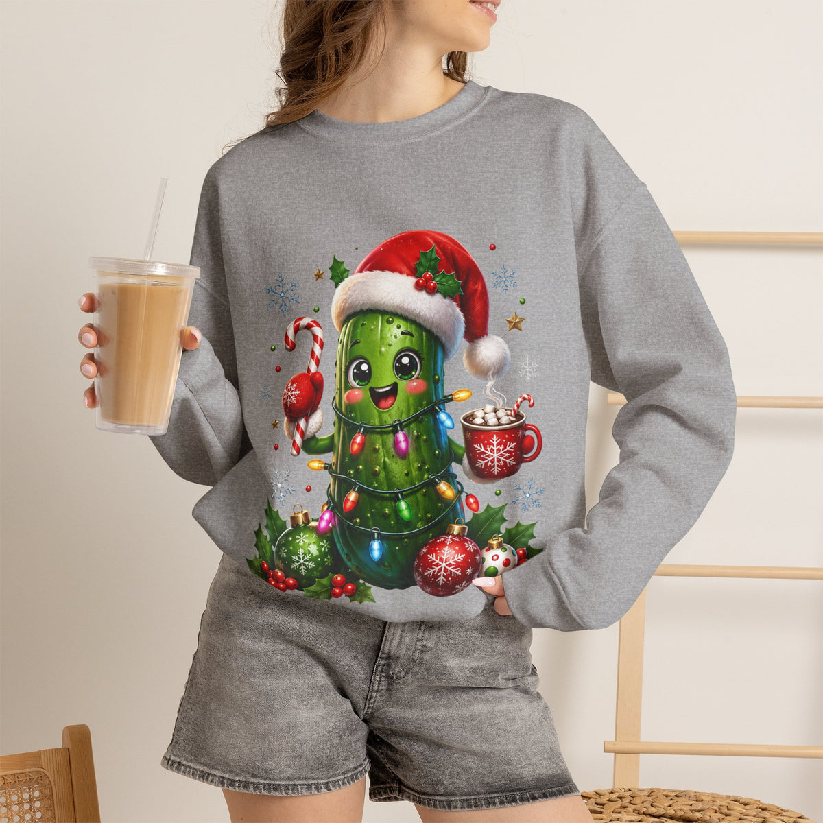 Christmas Pickle Sweatshirt – Cute Santa Hat Pickle with Candy Cane & Hot Cocoa