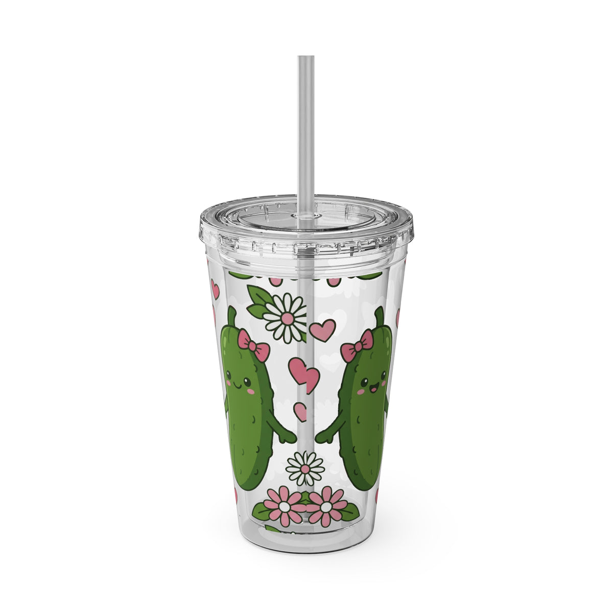 Full Wrap - Cute Pickle Love 16oz Tumbler with Straw — Floral Heart Kawaii Drink Cup