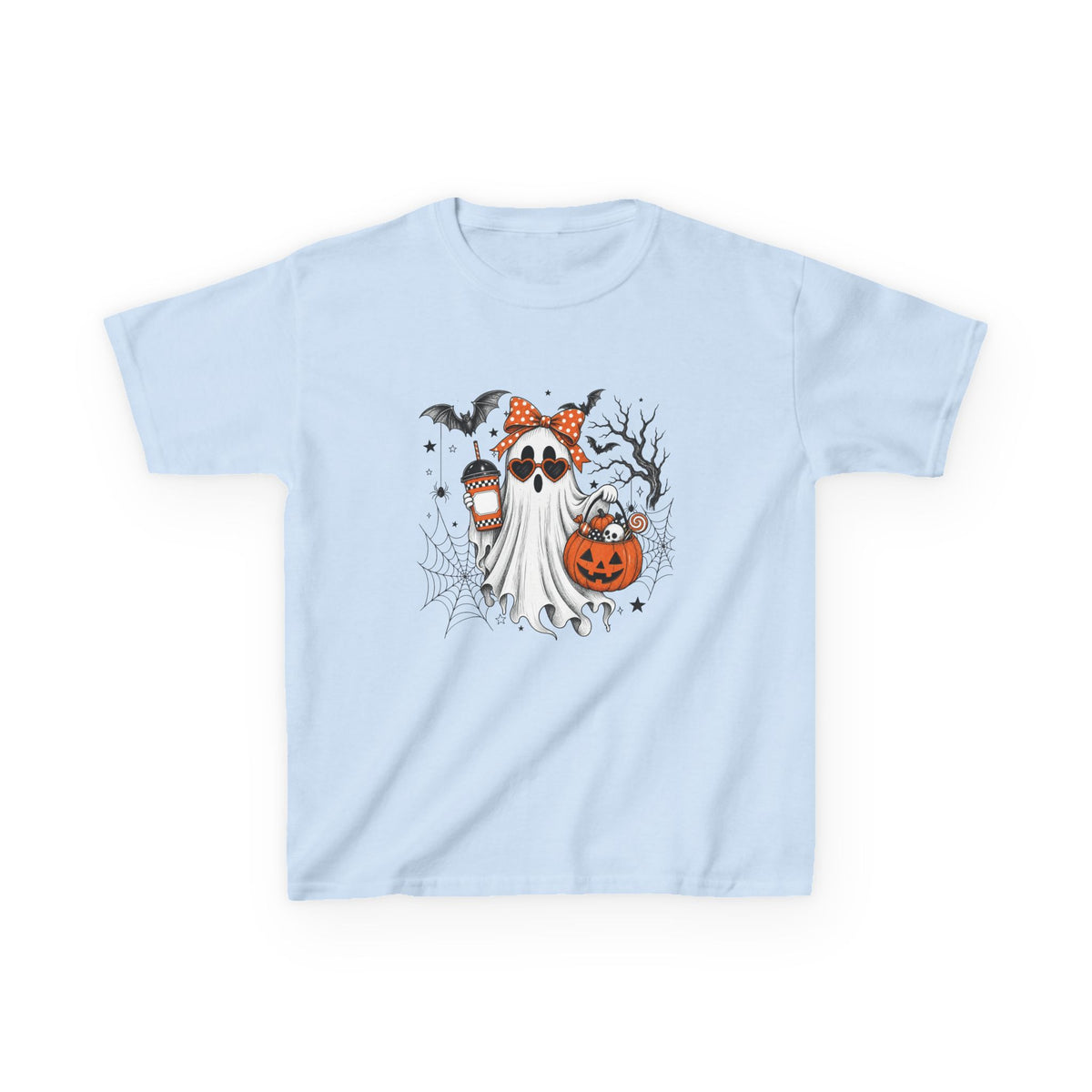 Kids Halloween Ghost Tee – Cute Pumpkin, Bat & Spiderweb Trick-or-Treat Design