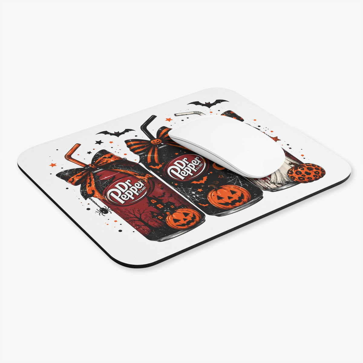 Halloween Dr Pepper Cans Mouse Pad — Spooky Pumpkin & Ghost Desk Mat