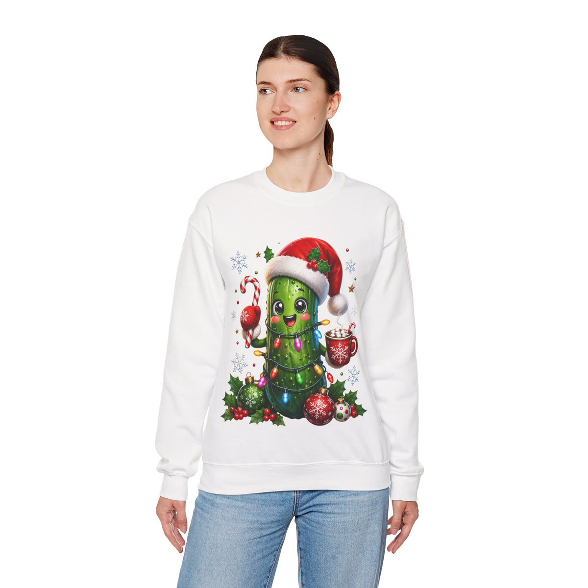 MD - Christmas Pickle Sweatshirt – Cute Holiday Pickle in Santa Hat with Candy Cane & Hot Cocoa