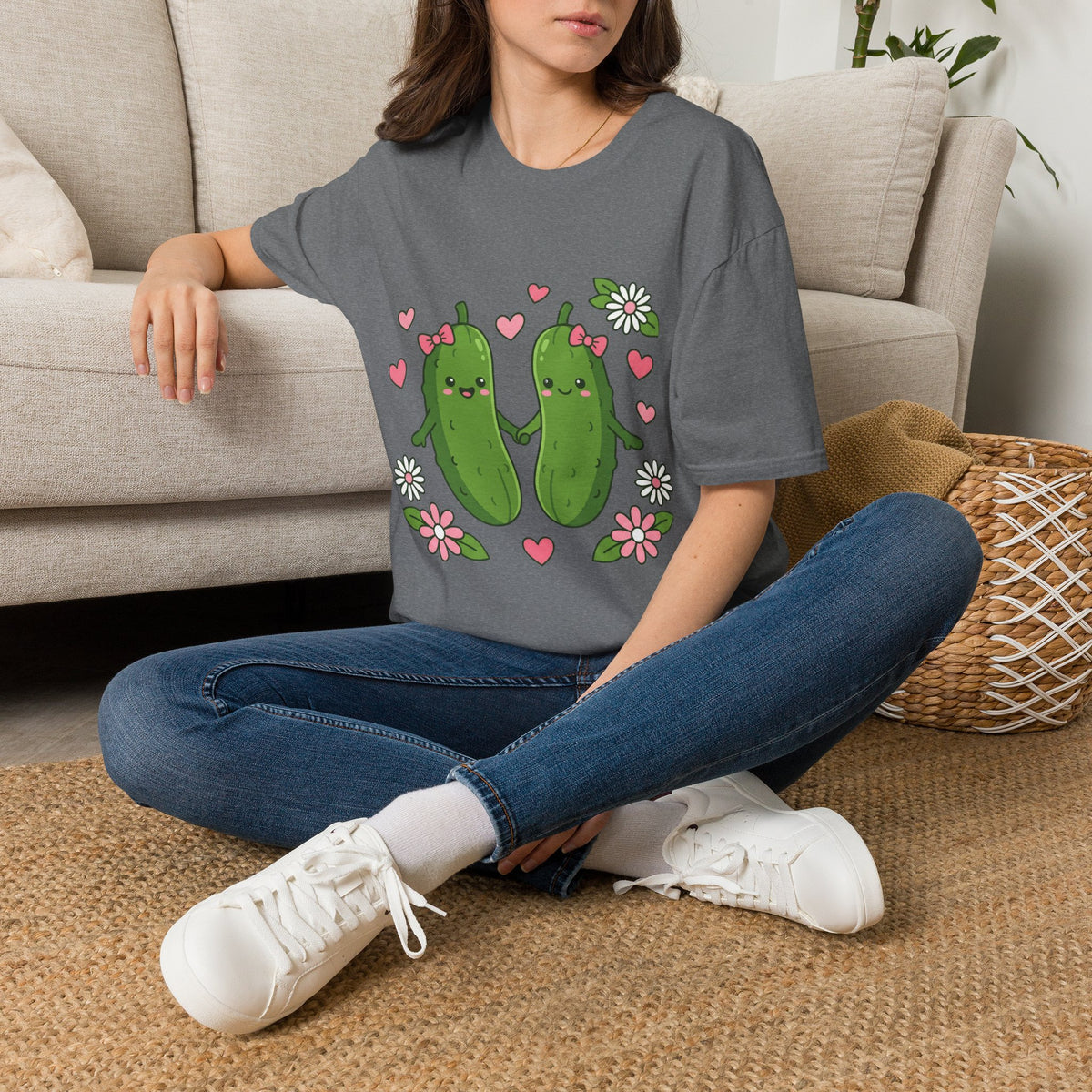 Cute Pickle Couple T-Shirt — Kawaii Matching Pickles with Hearts & Flowers