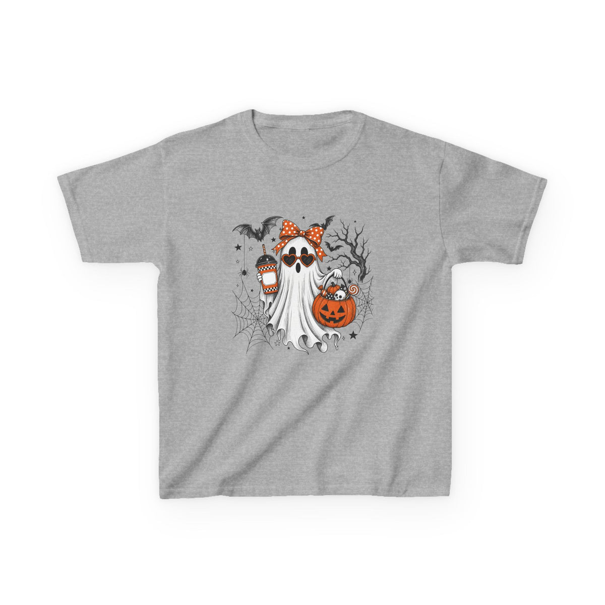 Kids Halloween Ghost Tee – Cute Pumpkin, Bat & Spiderweb Trick-or-Treat Design