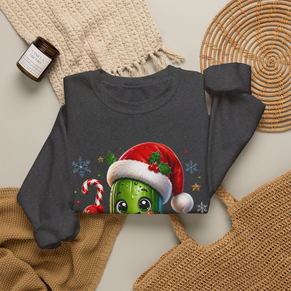 MD - Christmas Pickle Sweatshirt – Cute Holiday Pickle in Santa Hat with Candy Cane & Hot Cocoa