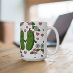 Cute Pickle Couple Mug — Kawaii Pickles with Hearts & Flowers (11oz/15oz)