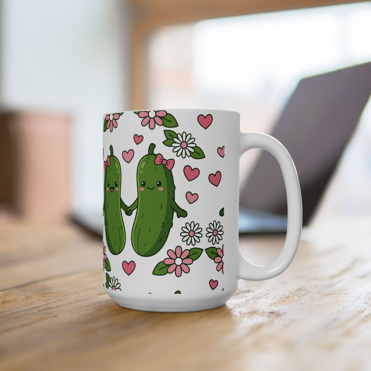 Cute Pickle Couple Mug — Kawaii Pickles with Hearts & Flowers (11oz/15oz)