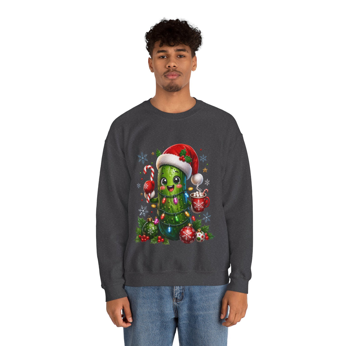 Christmas Pickle Sweatshirt – Cute Santa Hat Pickle with Candy Cane & Hot Cocoa
