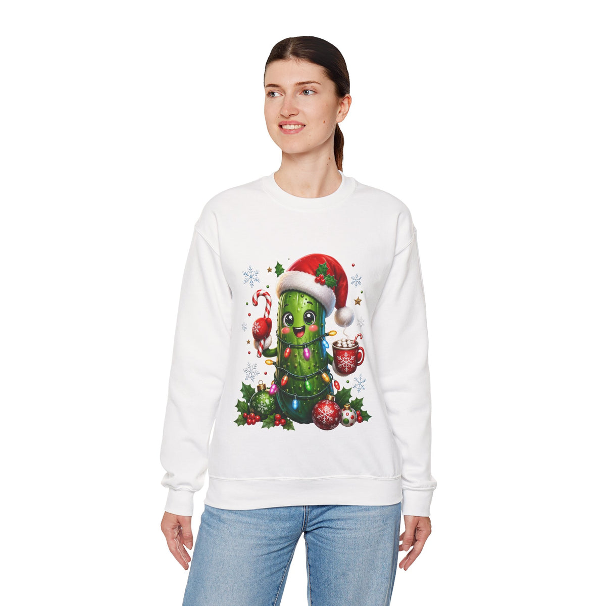 Christmas Pickle Sweatshirt – Cute Santa Hat Pickle with Candy Cane & Hot Cocoa
