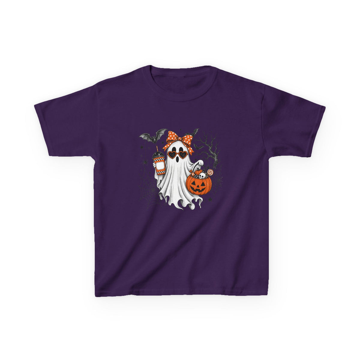 Kids Halloween Ghost Tee – Cute Pumpkin, Bat & Spiderweb Trick-or-Treat Design