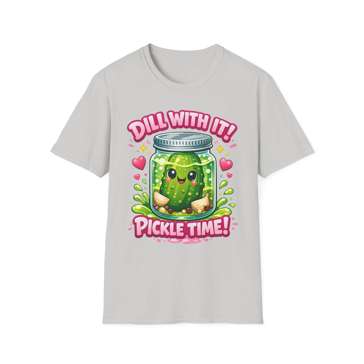 T-Shirt — Cute Kawaii Pickle Jar Design "Dill With It! Pickle Time!" | Funny Foodie Tee