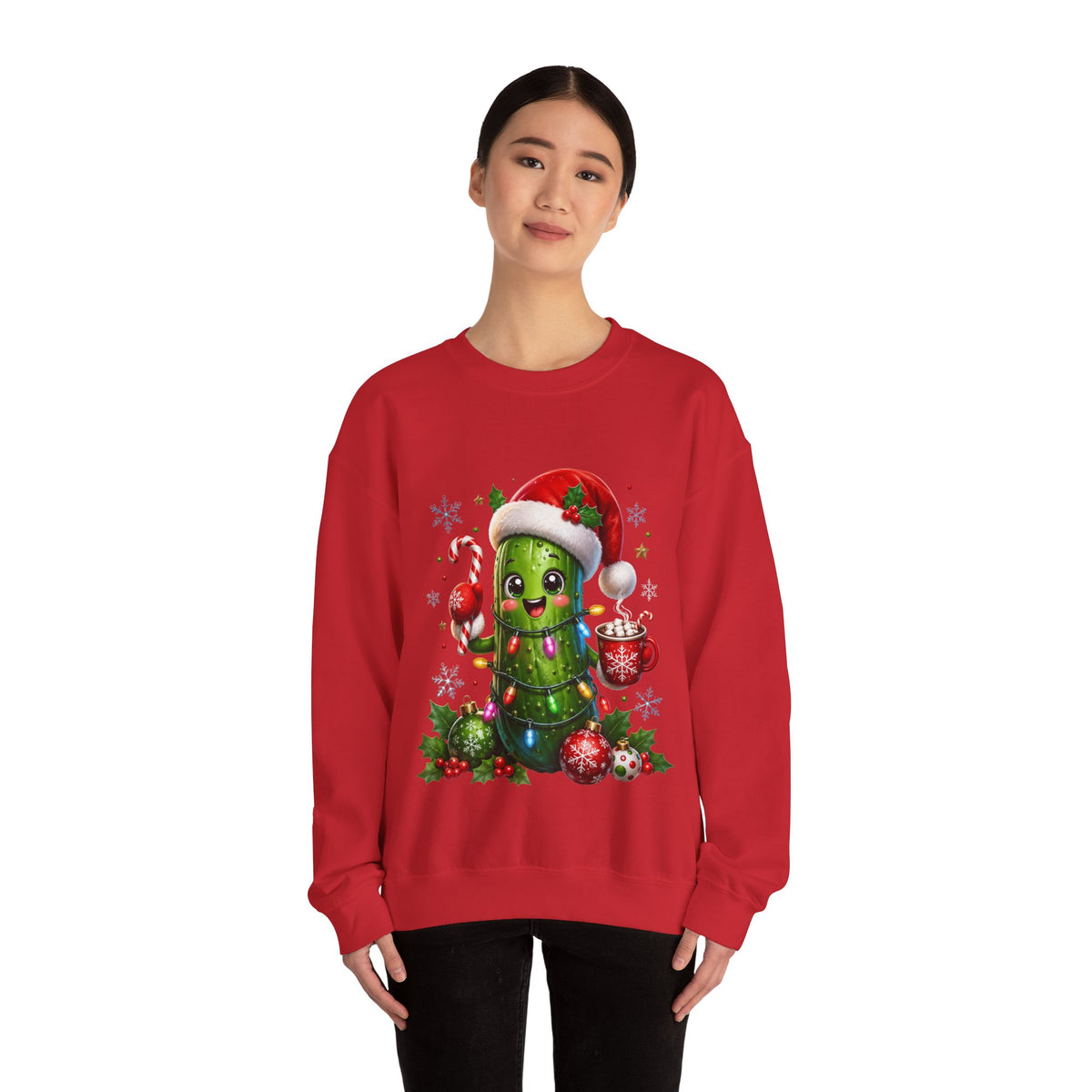 Christmas Pickle Sweatshirt – Cute Santa Hat Pickle with Candy Cane & Hot Cocoa