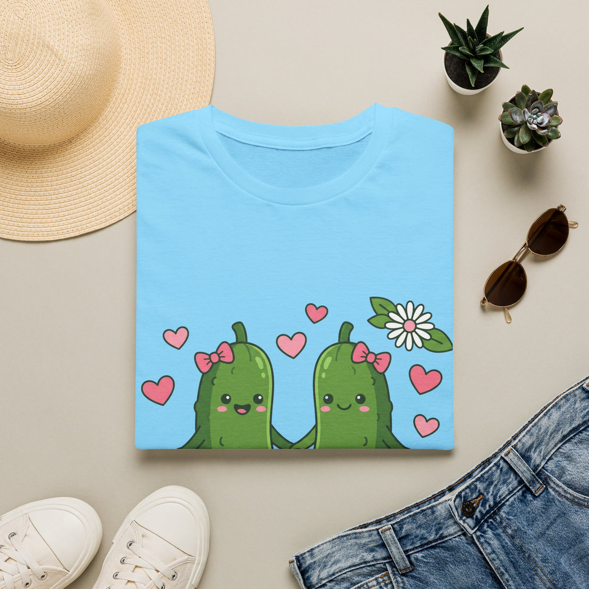Cute Pickle Couple T-Shirt — Kawaii Matching Pickles with Hearts & Flowers