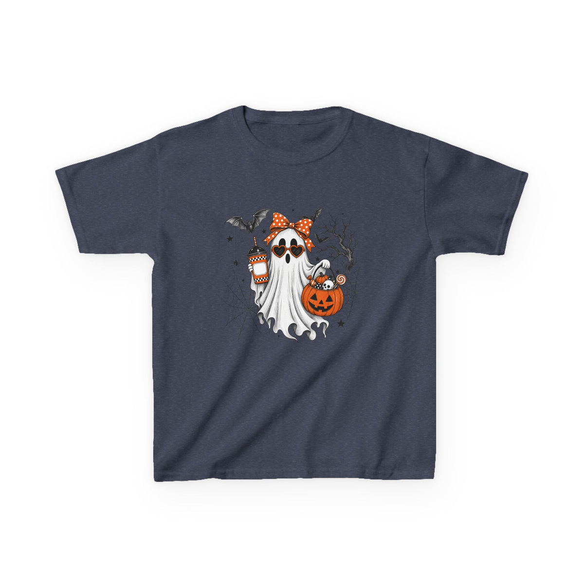 Kids Halloween Ghost Tee – Cute Pumpkin, Bat & Spiderweb Trick-or-Treat Design