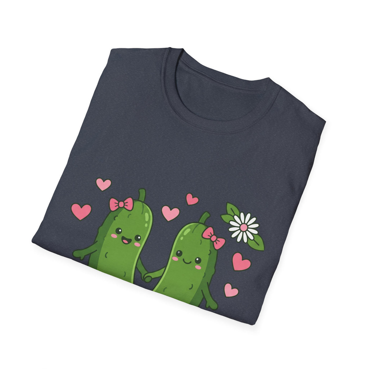 Cute Pickle Couple T-Shirt — Kawaii Matching Pickles with Hearts & Flowers