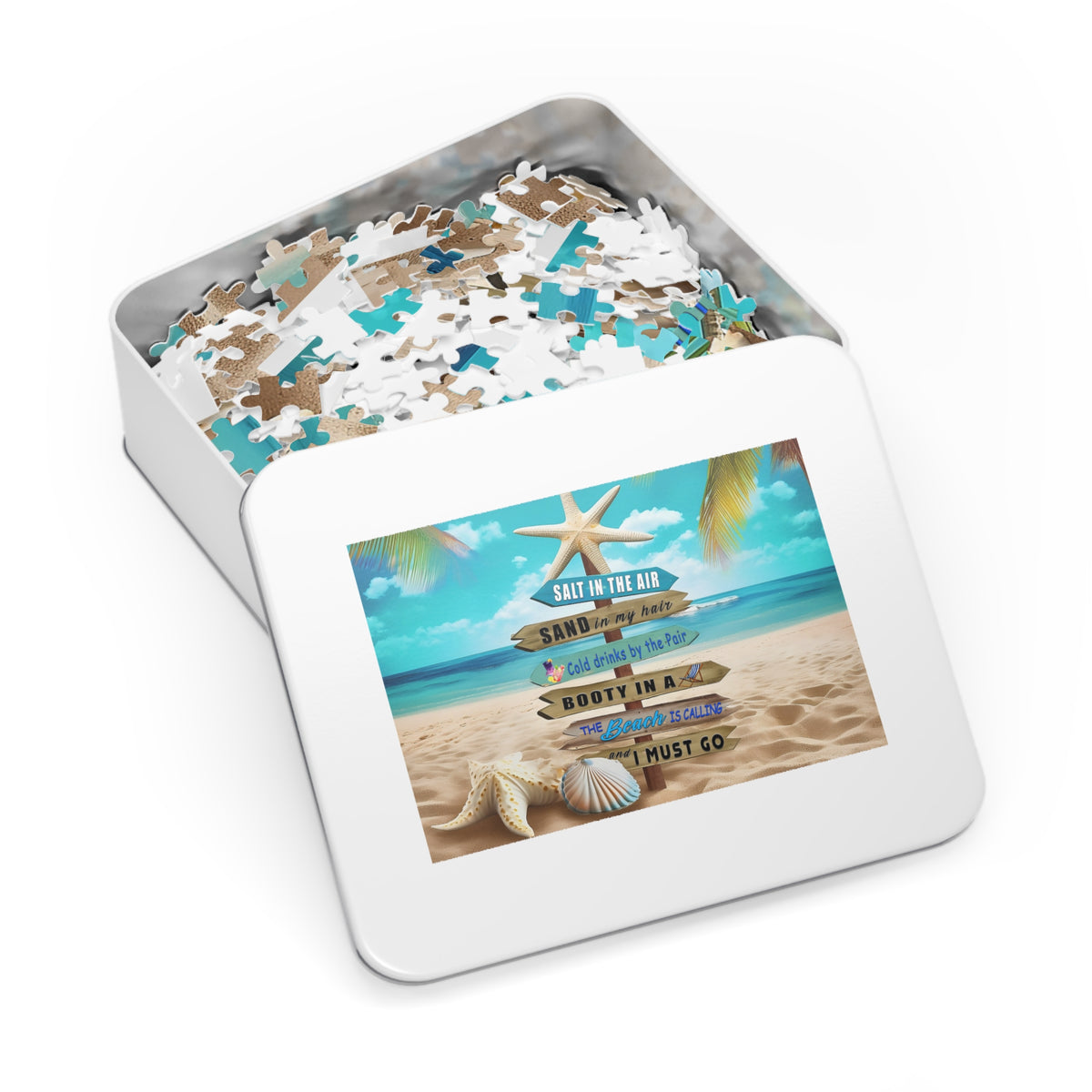 Beach Signpost Jigsaw Puzzle with Tin — 'Salt in the Air, Sand in My Hair' Seaside Puzzle Gift