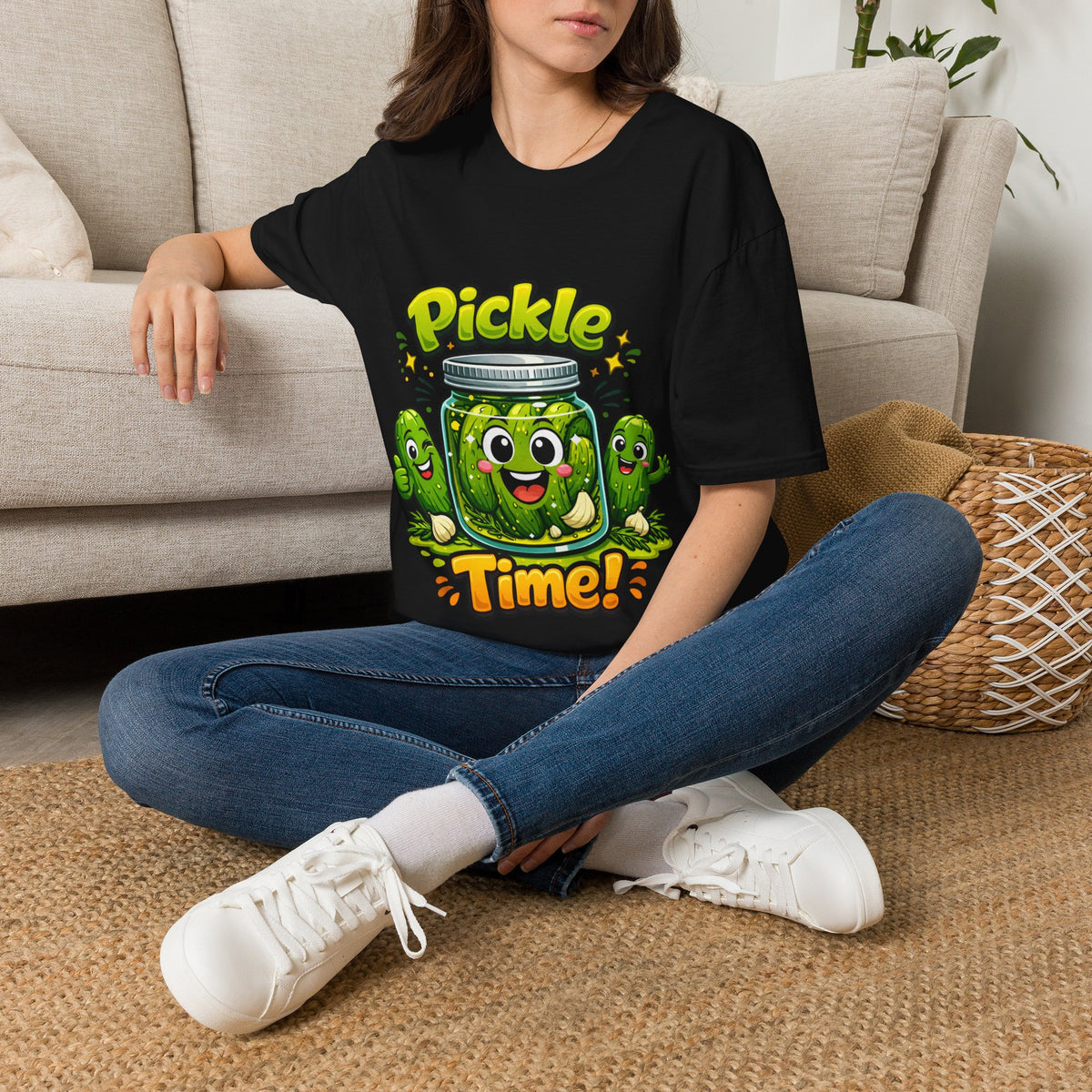 MD - Pickle Time T-Shirt — Cute Cartoon Pickle Jar Graphic Tee