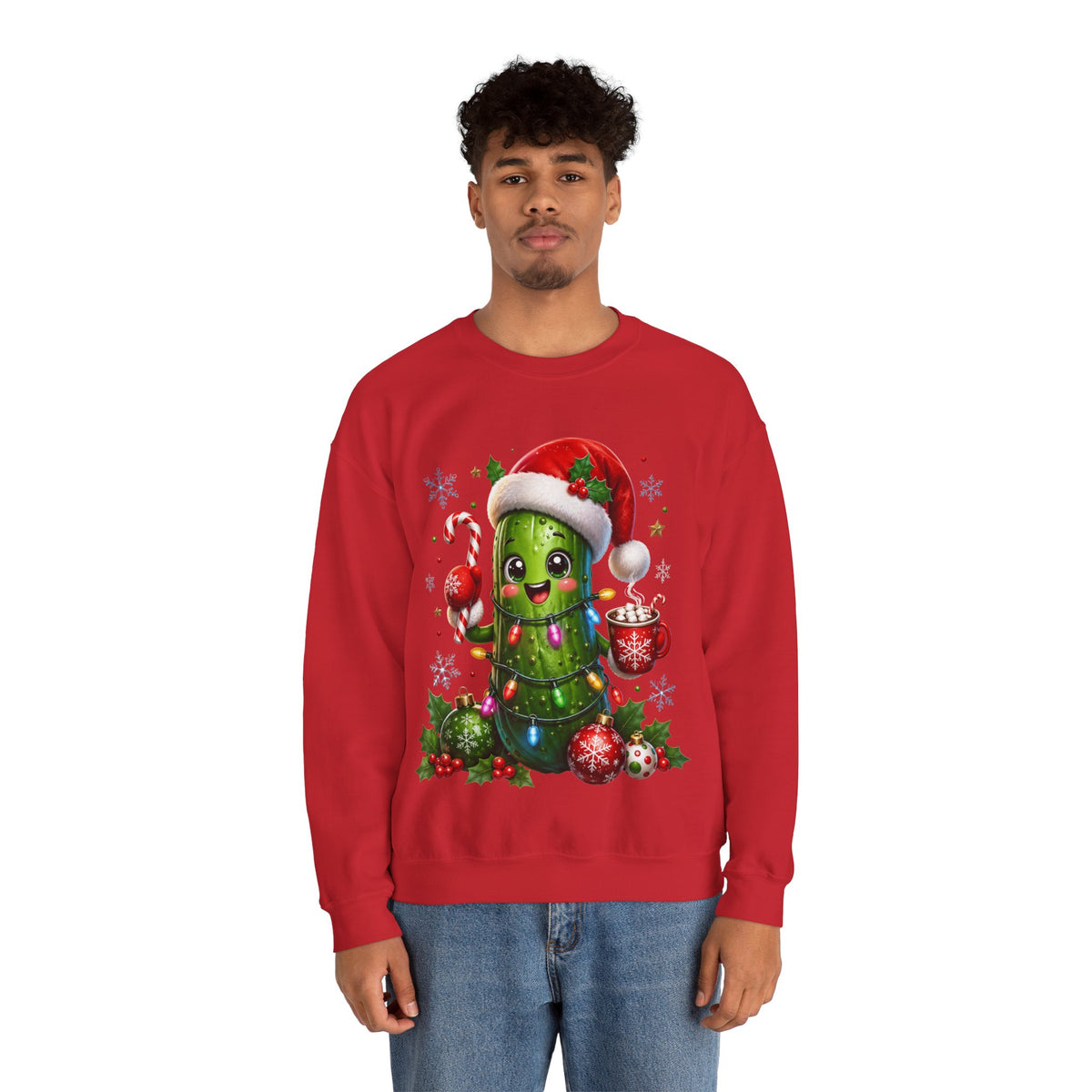 MD - Christmas Pickle Sweatshirt – Cute Holiday Pickle in Santa Hat with Candy Cane & Hot Cocoa