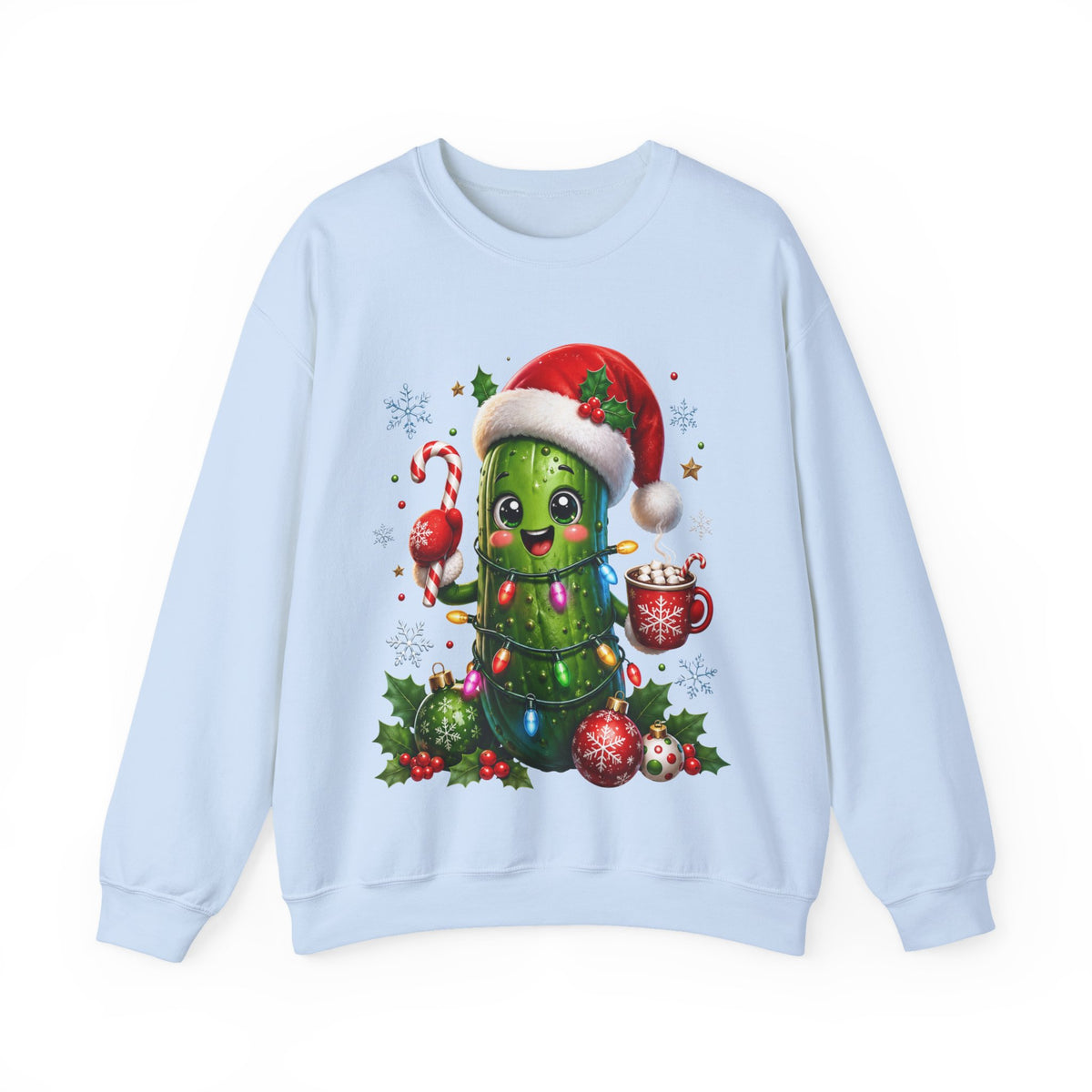 MD - Christmas Pickle Sweatshirt – Cute Holiday Pickle in Santa Hat with Candy Cane & Hot Cocoa