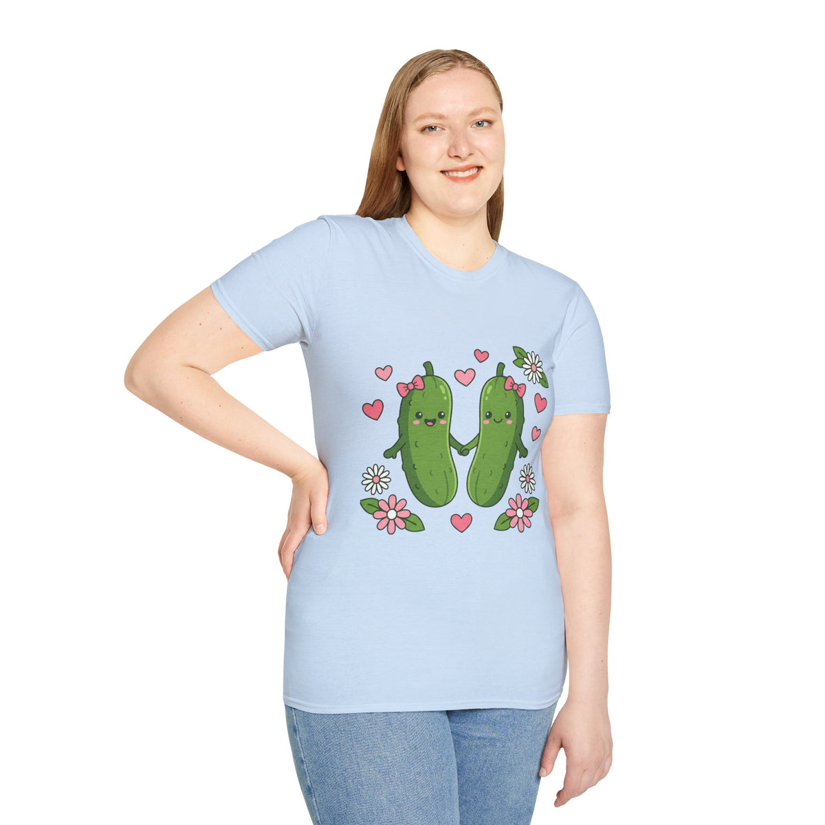 Cute Pickle Couple T-Shirt — Kawaii Matching Pickles with Hearts & Flowers