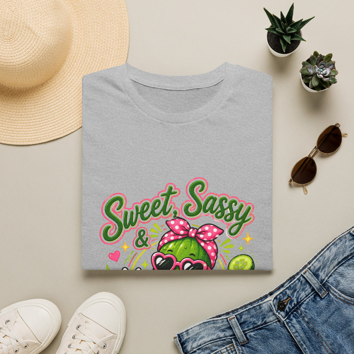 Sweet Sassy Pickle T-Shirt — "Sweet, Sassy & Pickle Obsessed" Cute Cactus/Pickle Graphic Tee