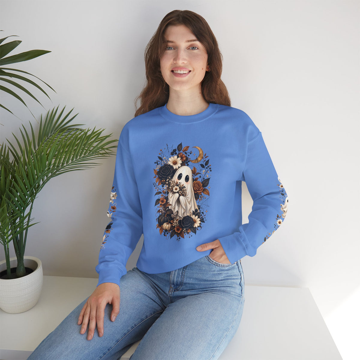 Ghost & Sunflower Crewneck Sweatshirt — Spooky Autumn Floral Pullover