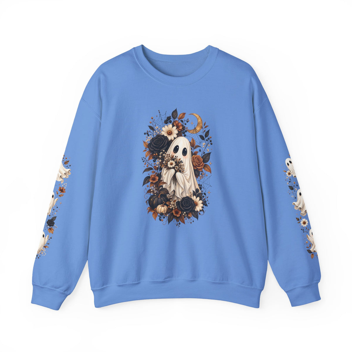 Ghost & Sunflower Crewneck Sweatshirt — Spooky Autumn Floral Pullover