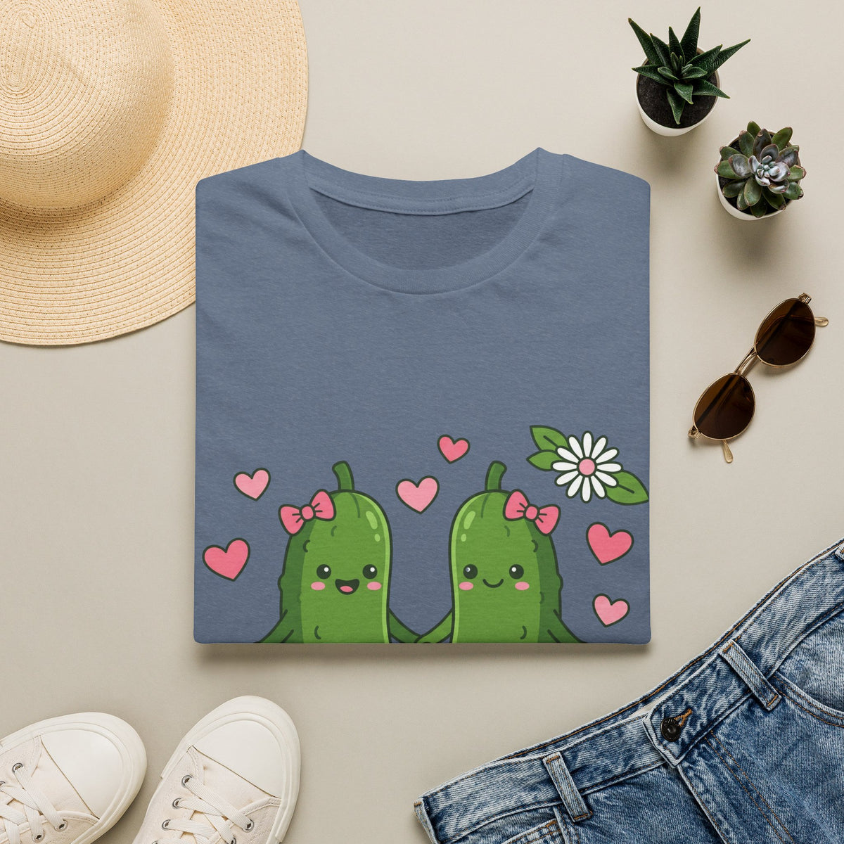 Cute Pickle Couple T-Shirt — Kawaii Matching Pickles with Hearts & Flowers