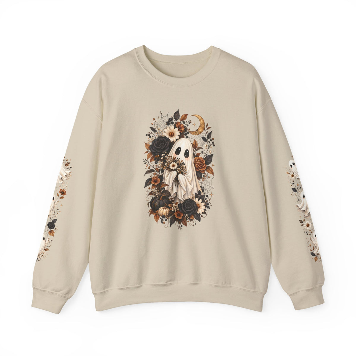 Ghost & Sunflower Crewneck Sweatshirt — Spooky Autumn Floral Pullover