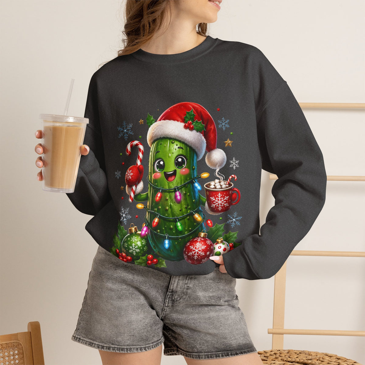 Christmas Pickle Sweatshirt – Cute Santa Hat Pickle with Candy Cane & Hot Cocoa