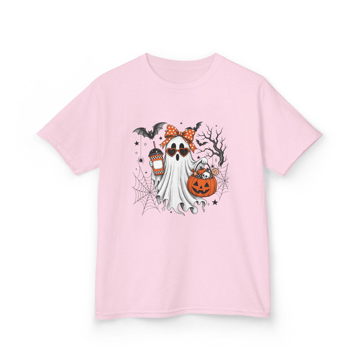 Kids Halloween Ghost Tee – Cute Pumpkin, Bat & Spiderweb Trick-or-Treat Design