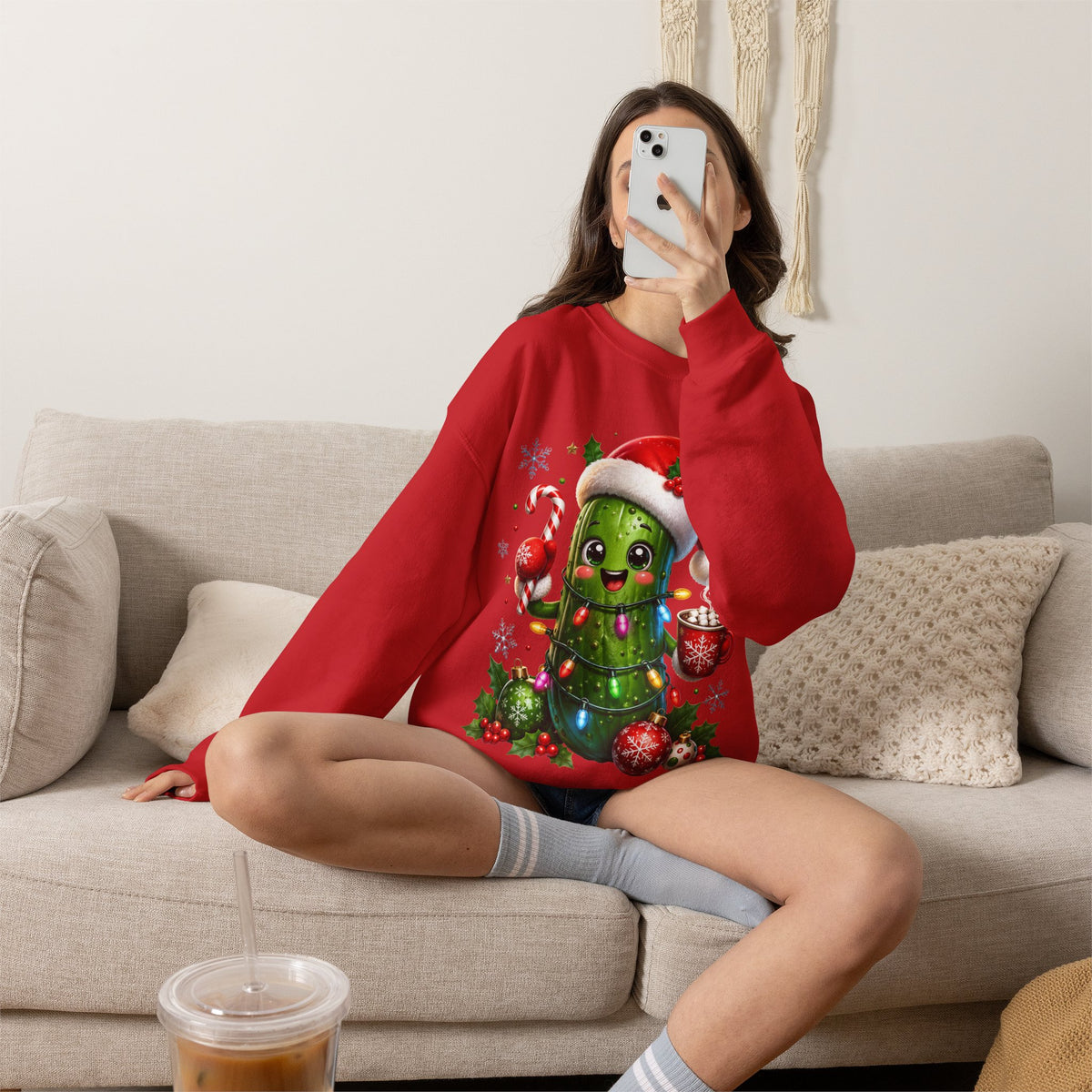 MD - Christmas Pickle Sweatshirt – Cute Holiday Pickle in Santa Hat with Candy Cane & Hot Cocoa
