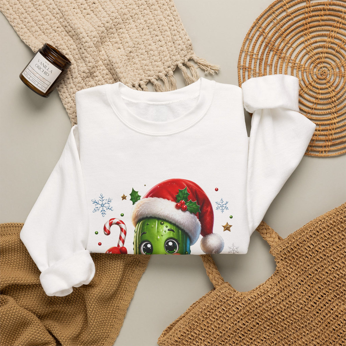Christmas Pickle Sweatshirt – Cute Santa Hat Pickle with Candy Cane & Hot Cocoa