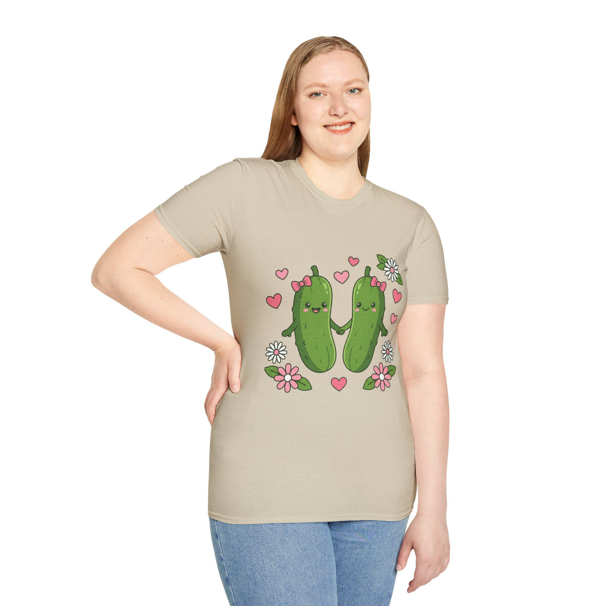 Cute Pickle Couple T-Shirt — Kawaii Matching Pickles with Hearts & Flowers