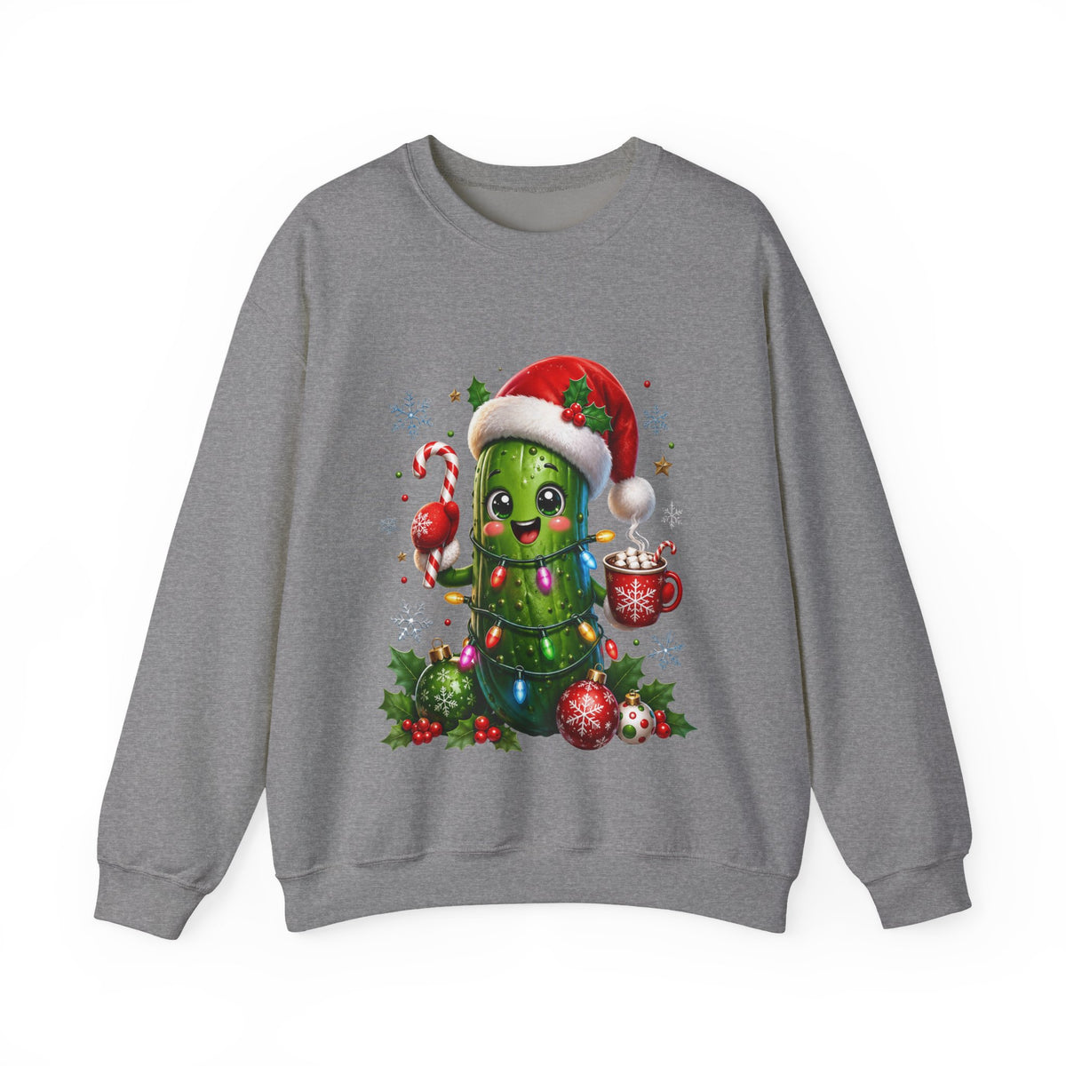 Christmas Pickle Sweatshirt – Cute Santa Hat Pickle with Candy Cane & Hot Cocoa