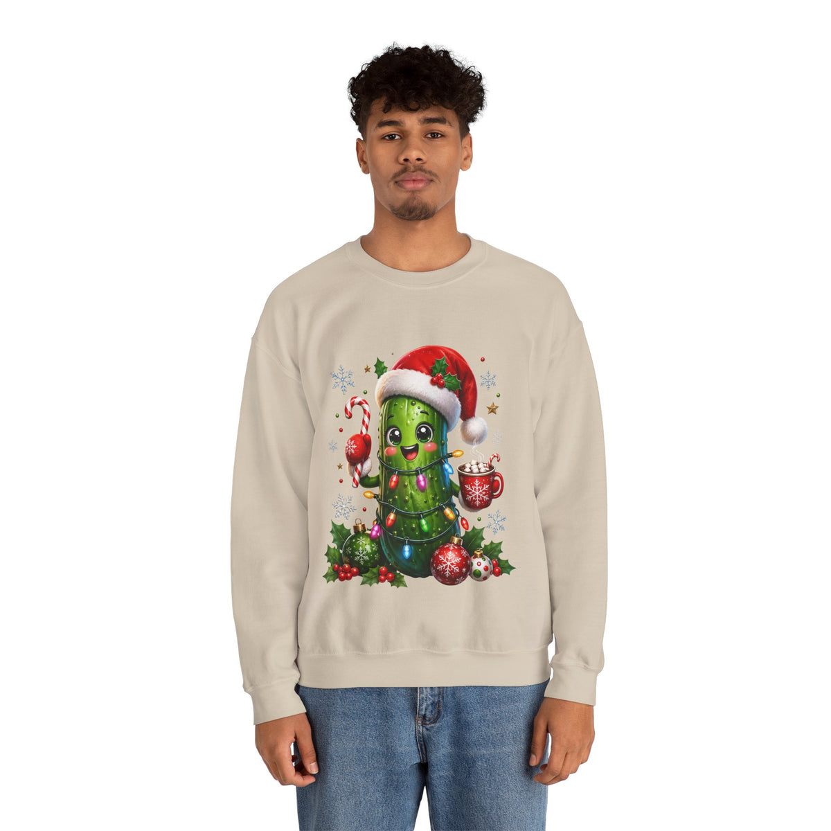 Christmas Pickle Sweatshirt – Cute Santa Hat Pickle with Candy Cane & Hot Cocoa