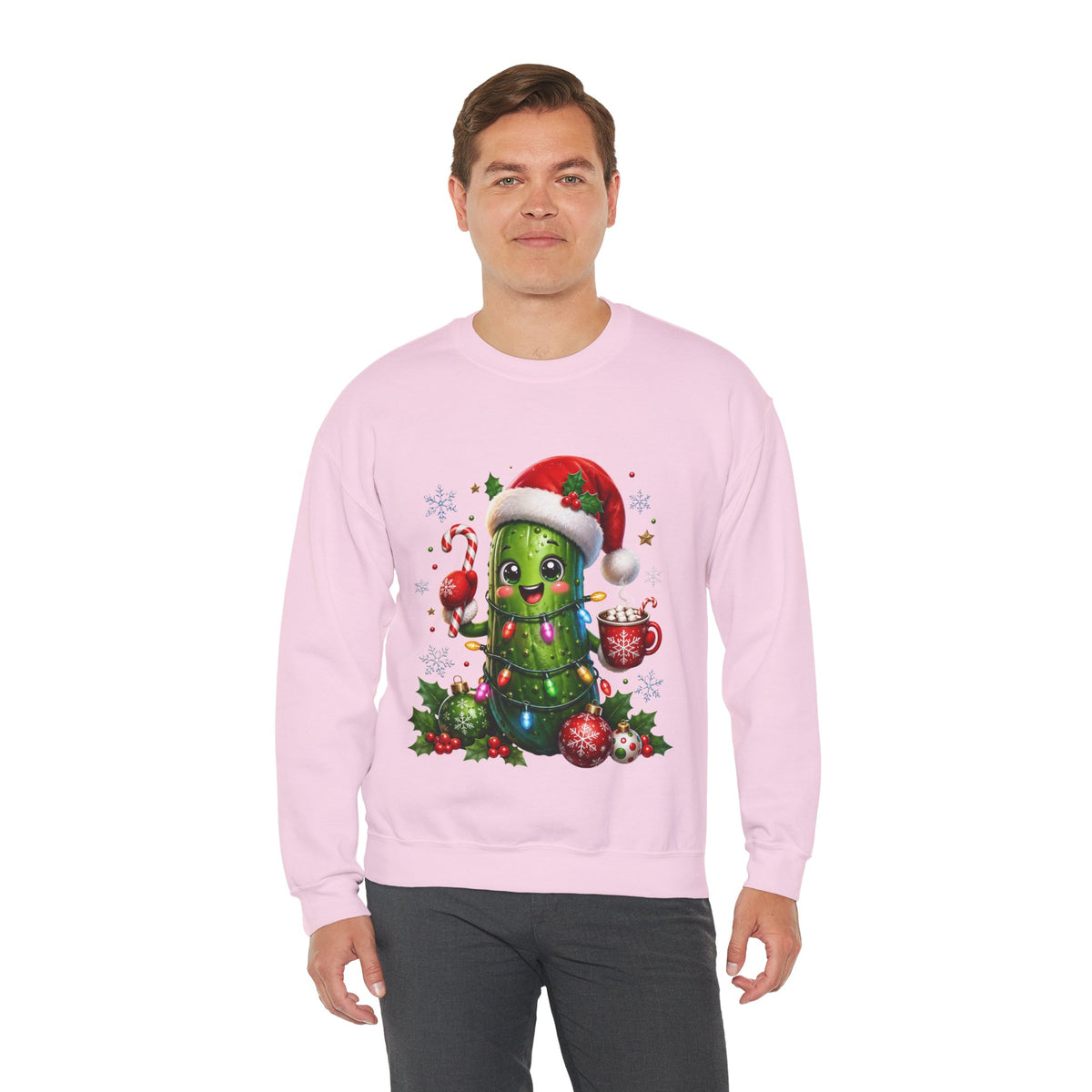 Christmas Pickle Sweatshirt – Cute Santa Hat Pickle with Candy Cane & Hot Cocoa