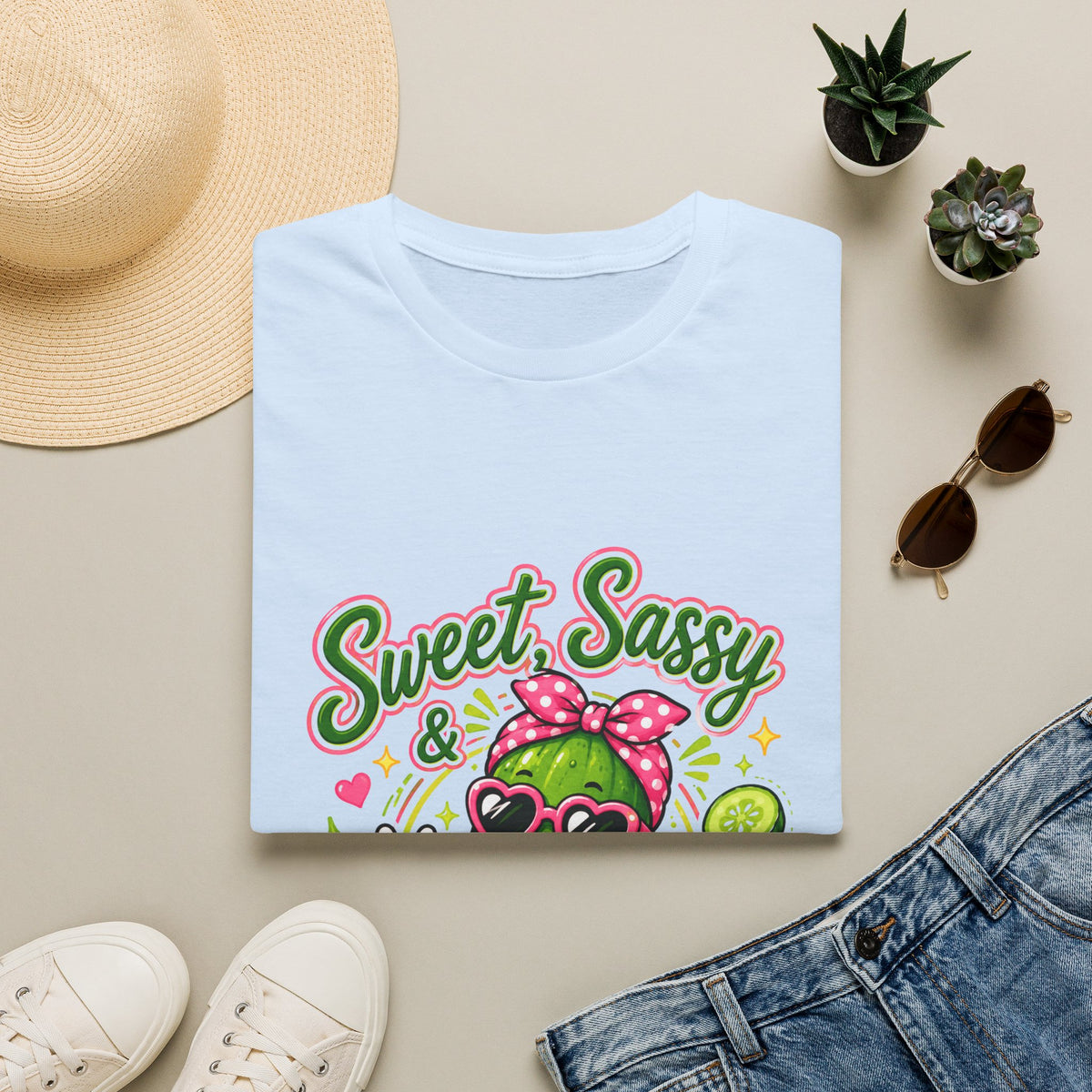 Sweet Sassy Pickle T-Shirt — "Sweet, Sassy & Pickle Obsessed" Cute Cactus/Pickle Graphic Tee