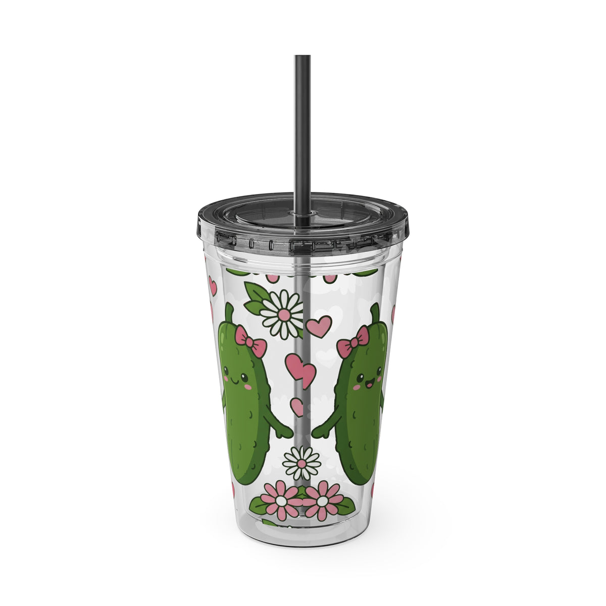 Full Wrap - Cute Pickle Love 16oz Tumbler with Straw — Floral Heart Kawaii Drink Cup