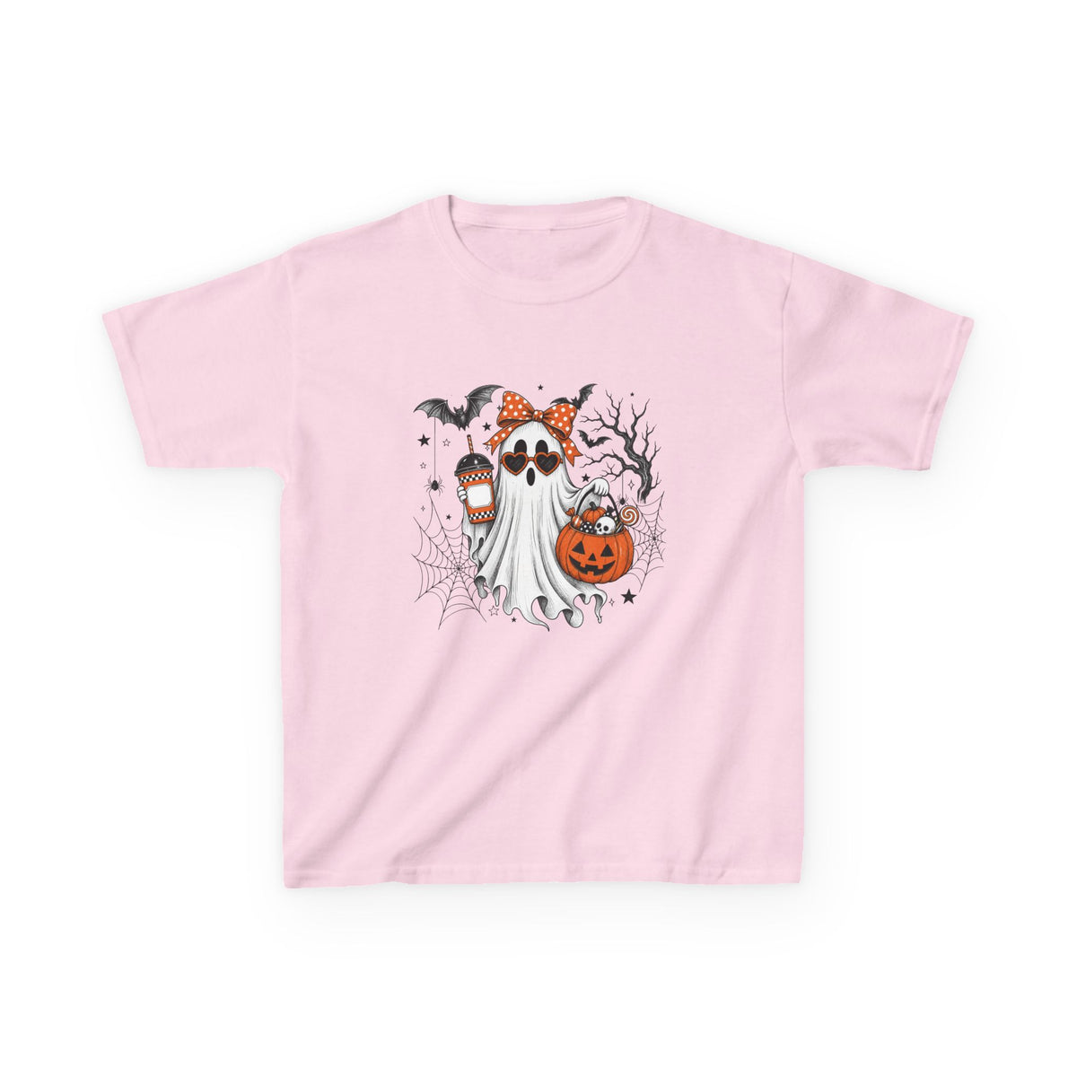 Kids Halloween Ghost Tee – Cute Pumpkin, Bat & Spiderweb Trick-or-Treat Design