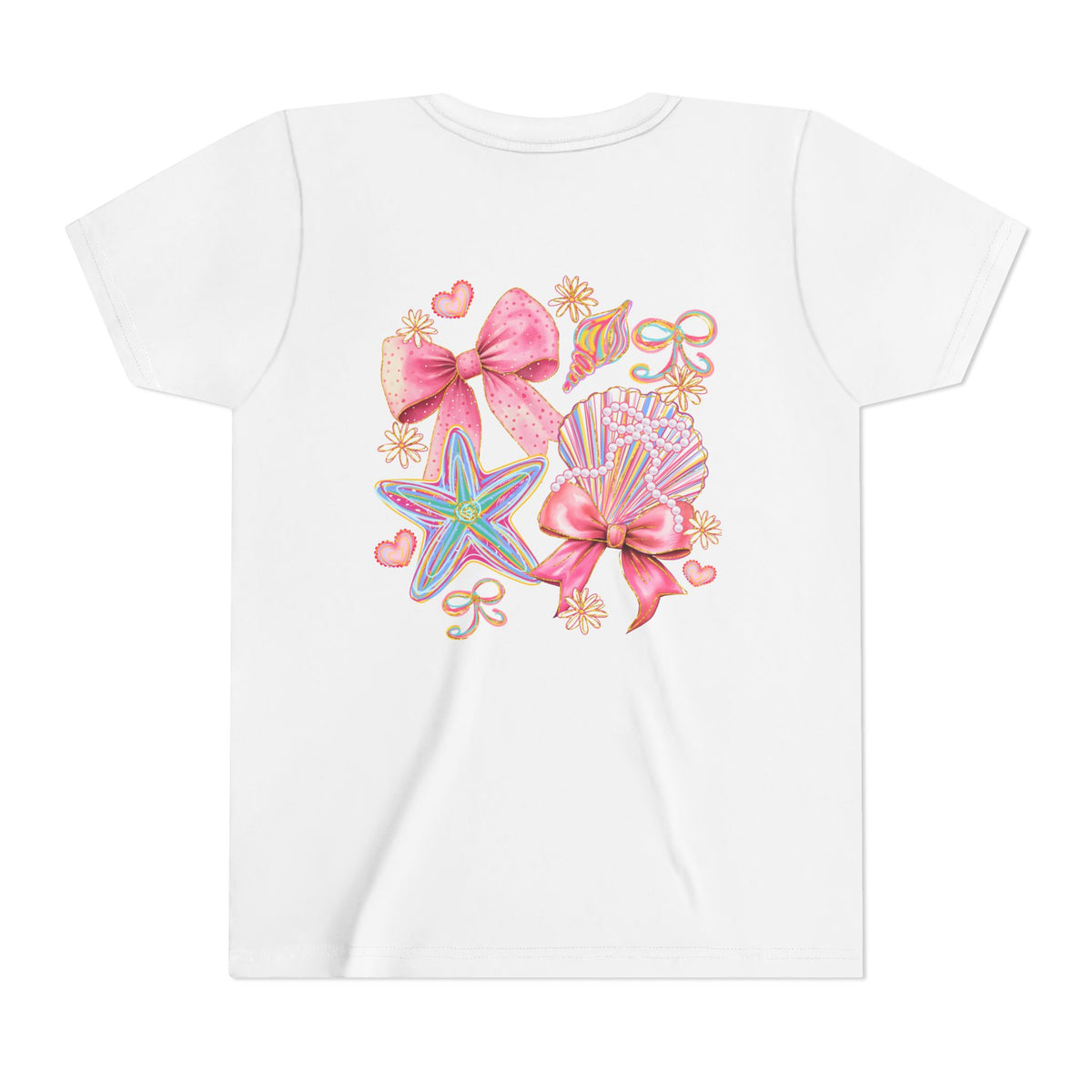 Kids Tee — Pink Seashell & Starfish Bow Graphic Shirt - Front and Back