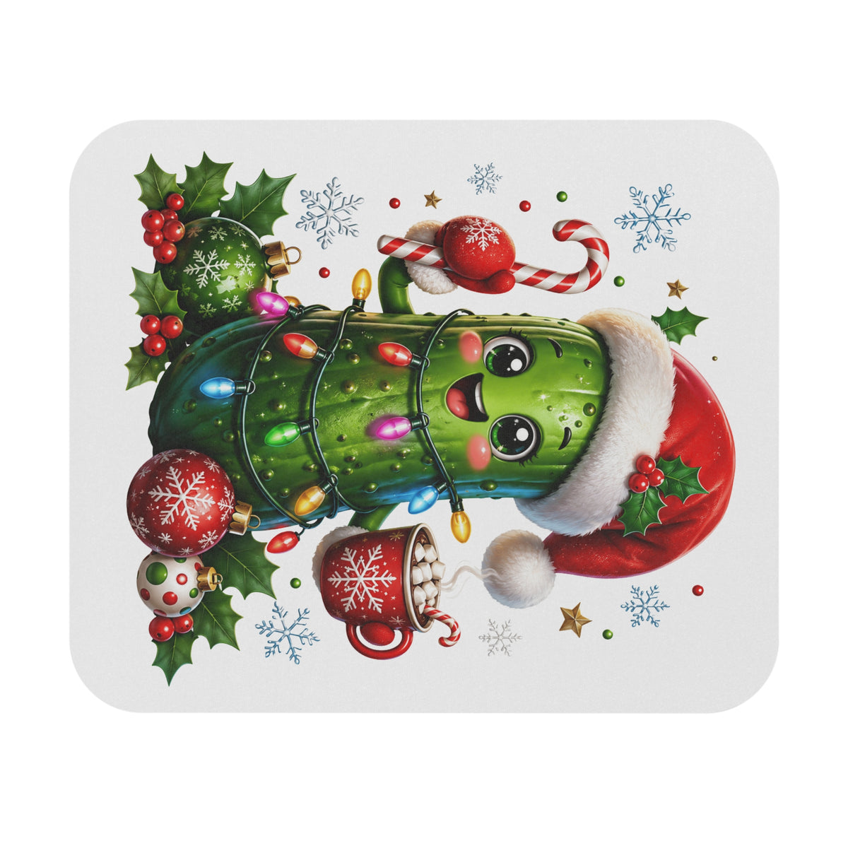 Christmas Cactus Mouse Pad — Cute Santa Hat Holiday Desk Mat with Lights & Hot Cocoa